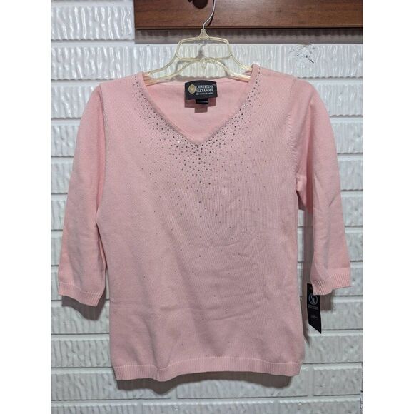 Christine Alexander Pink VNeck Fine Gauge Sweater Authentic Swarovski Crystals S - Picture 1 of 7